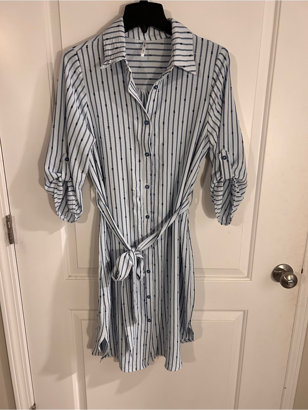 Striped Button-Front Midi Shirt Dress with Tie Belt - Blue/White